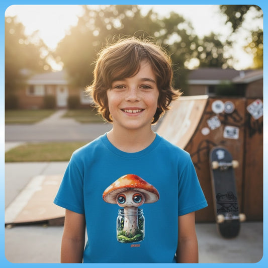 Sporeli - Youth Tee (Mushroom in a Jar) at the skateboard ramp at Billy's house