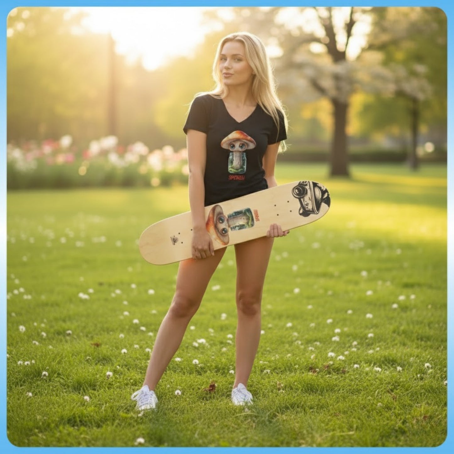 Sporeli – Ladies V-Neck Black Shirt and 7.5 Skateboard Deck Paddle Frogs crew model