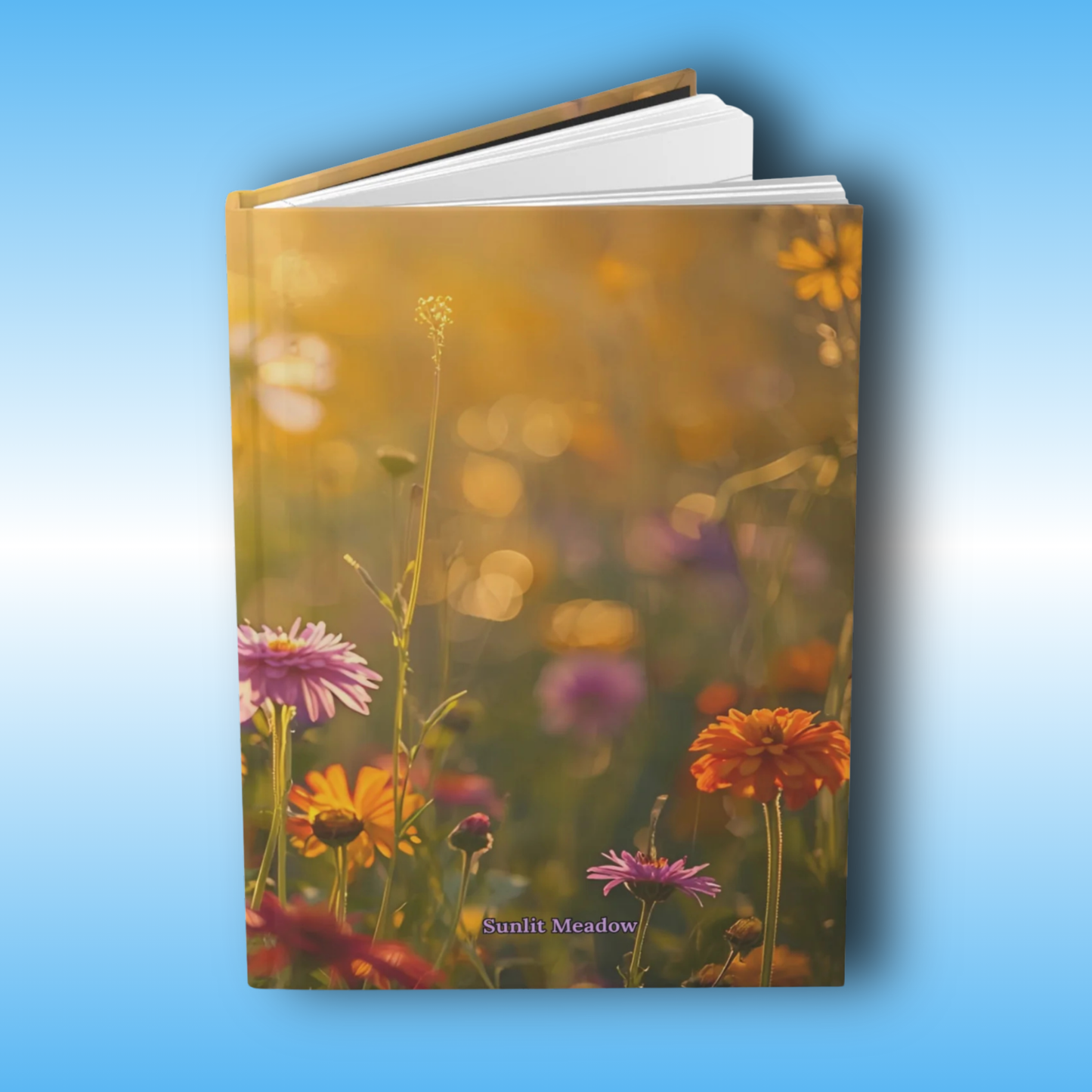 Sunlit Meadow - Paddle Frogs Journal - Hard Cover | Poetry, Art, Nature Inspired Hardcover Notebook for Writers, Inspirational Diary, open book standing display | Notebook with a colorful flower design on a blue background
