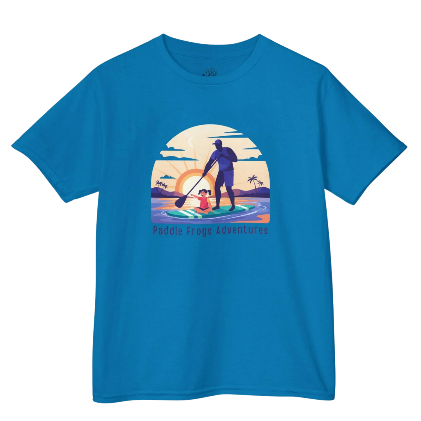 Sapphire Blue t-shirt with a graphic of a dad and daughter paddleboarding at sunset on a transparent background