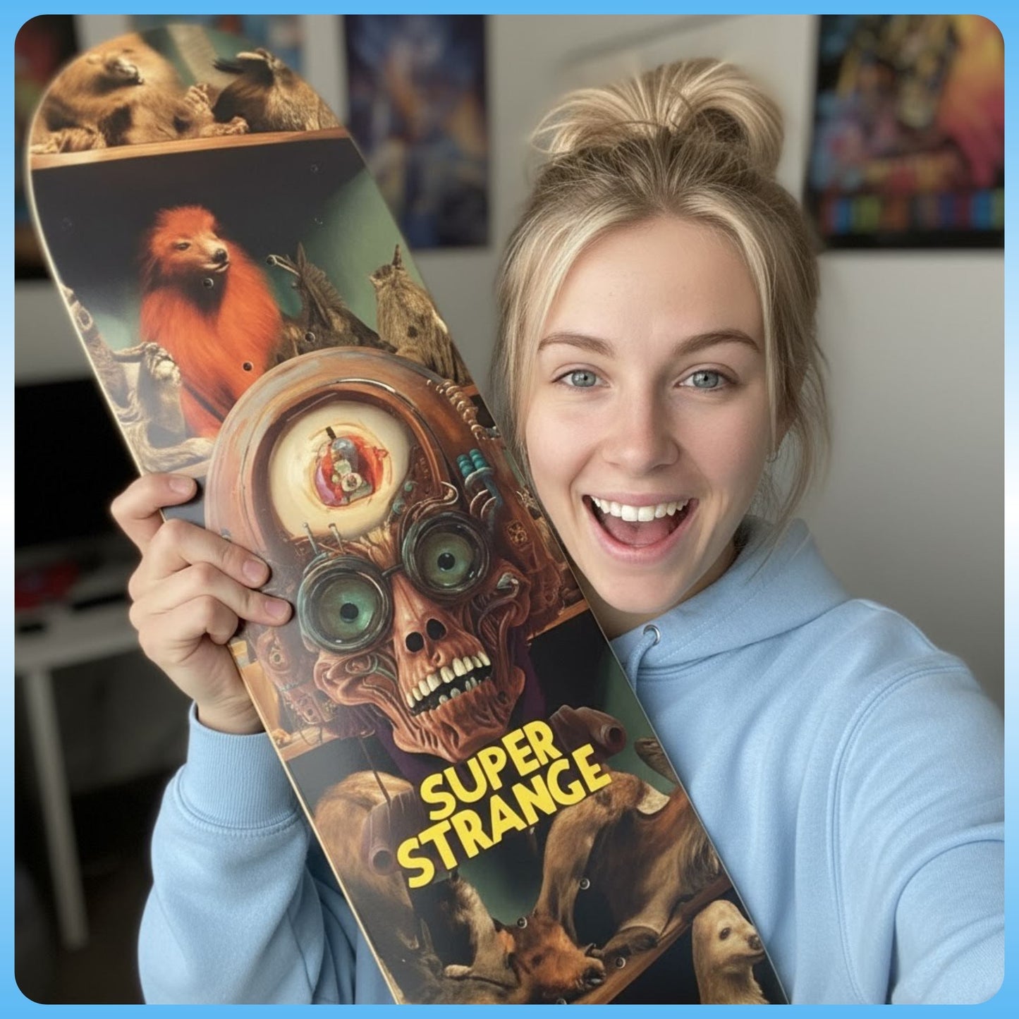 Person holding a skateboard with a 'Super Strange' design, featuring odd animals and a skull machine.