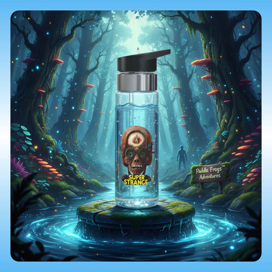 Paddle Frogs™ Super Strange 20oz clear Tritan™ water bottle. Spill-resistant & BPA-free for mystical adventures. Hydrate wisely!