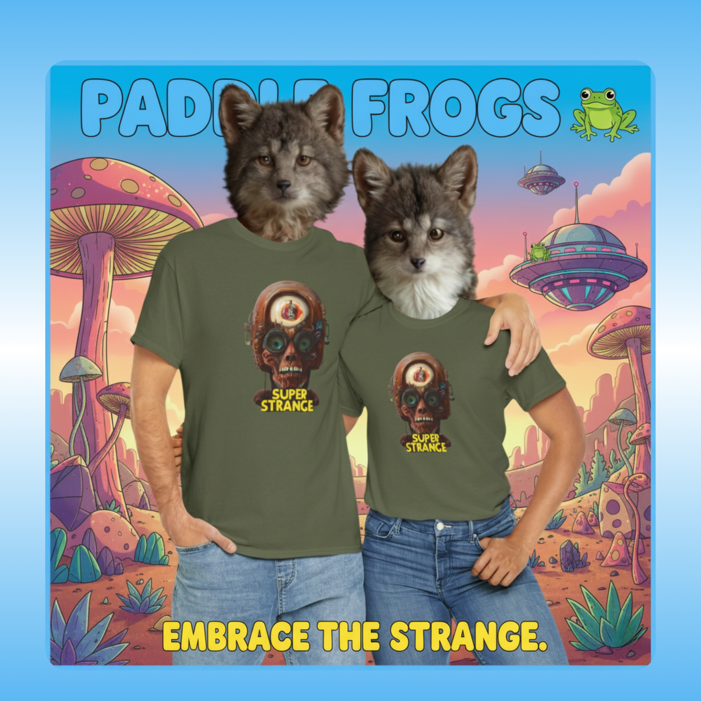 Super Strange Tee by Paddle Frogs Outdoor Gear Two people wearing green t-shirts with a 'Super Strange' design, surrounded by cartoon-style animals and alien spaceship.