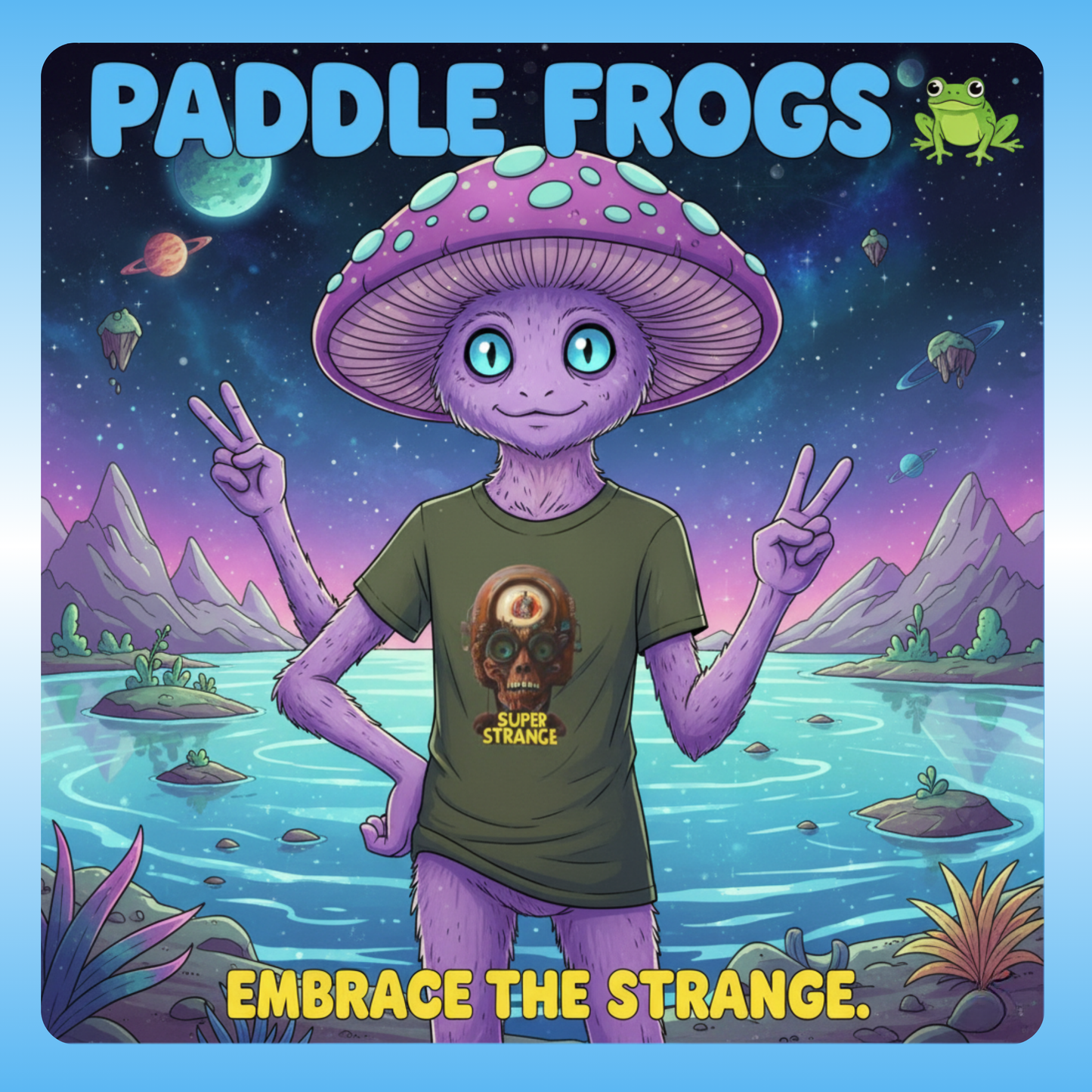 Super Strange Tee by Paddle Frogs Outdoor Gear Embrace the Strange. Illustration of a frog-like character with a mushroom helmet in a fantasy landscape, with 'Paddle Frogs' branding.