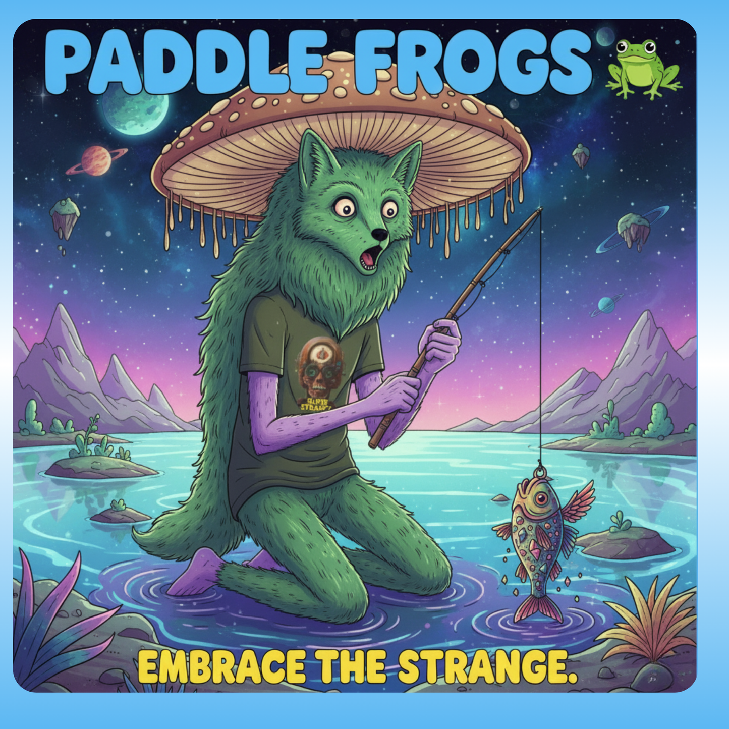 Super Strange Tee by Paddle Frogs Outdoor Gear Embrace the Strange. Fishing Shirt Illustration of a green creature with a human body fishing, wearing a sombrero, with 'Paddle Frogs' branding and 'Embrace the Strange' text.