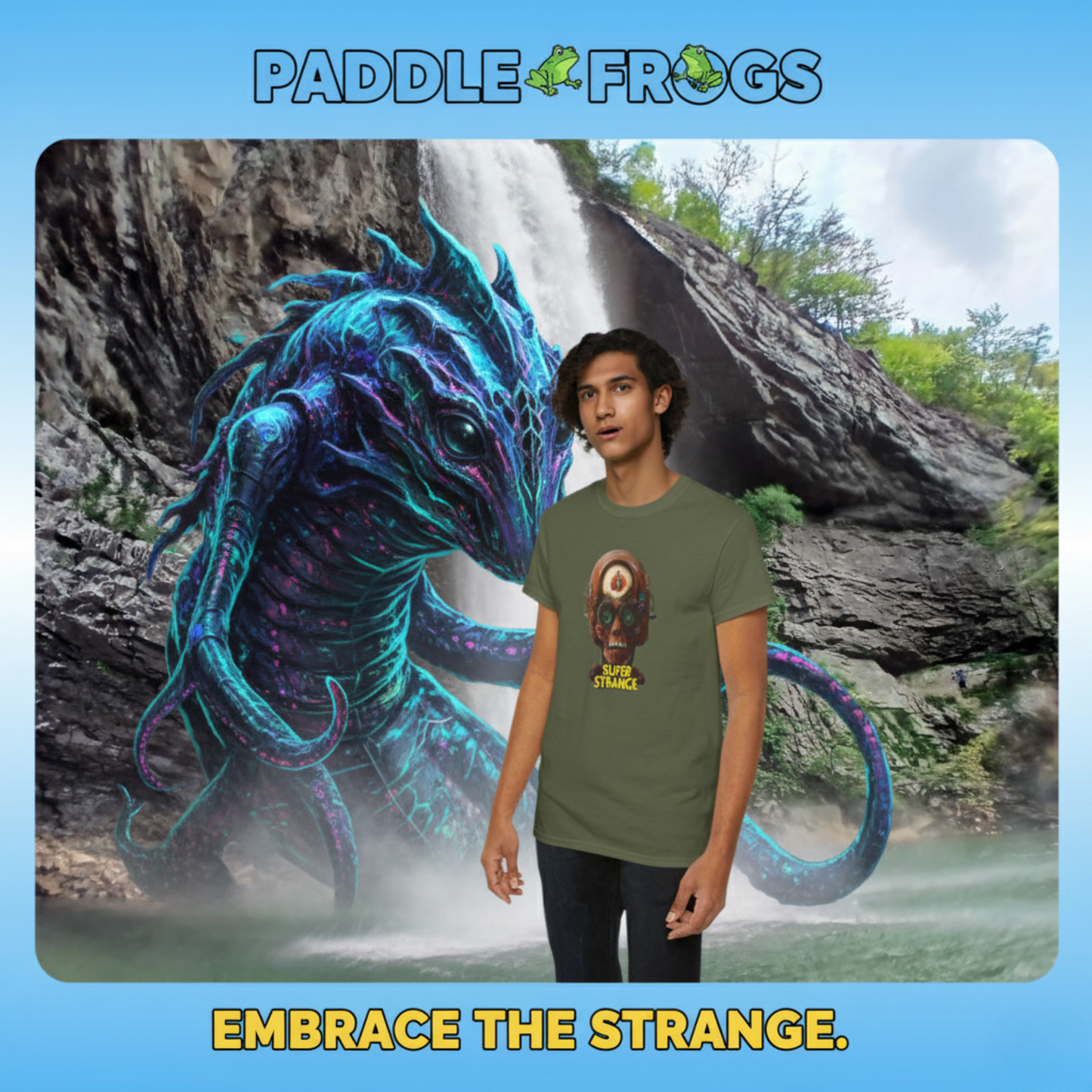 Super Strange Tee by Paddle Frogs Outdoor Gear Embrace the Strange. Paddle Boarding shirt at Ozone Falls with mushroom creatures paddling leaf boats Person wearing a t-shirt with a graphic design in front of a fantasy creature and waterfall background, featuring the brand 'Paddle Frogs'.