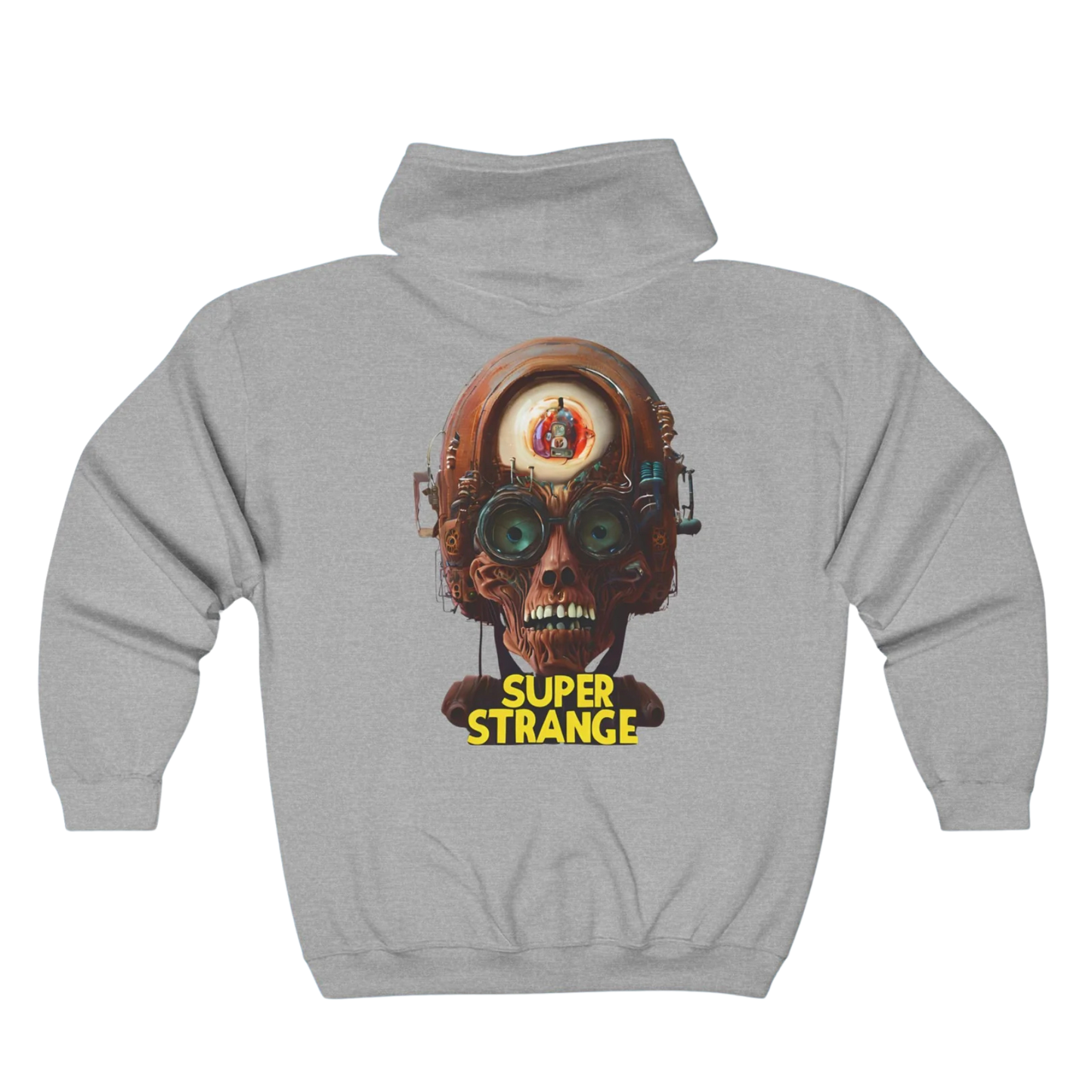 Gray hoodie with a 'Super Strange' graphic on the back