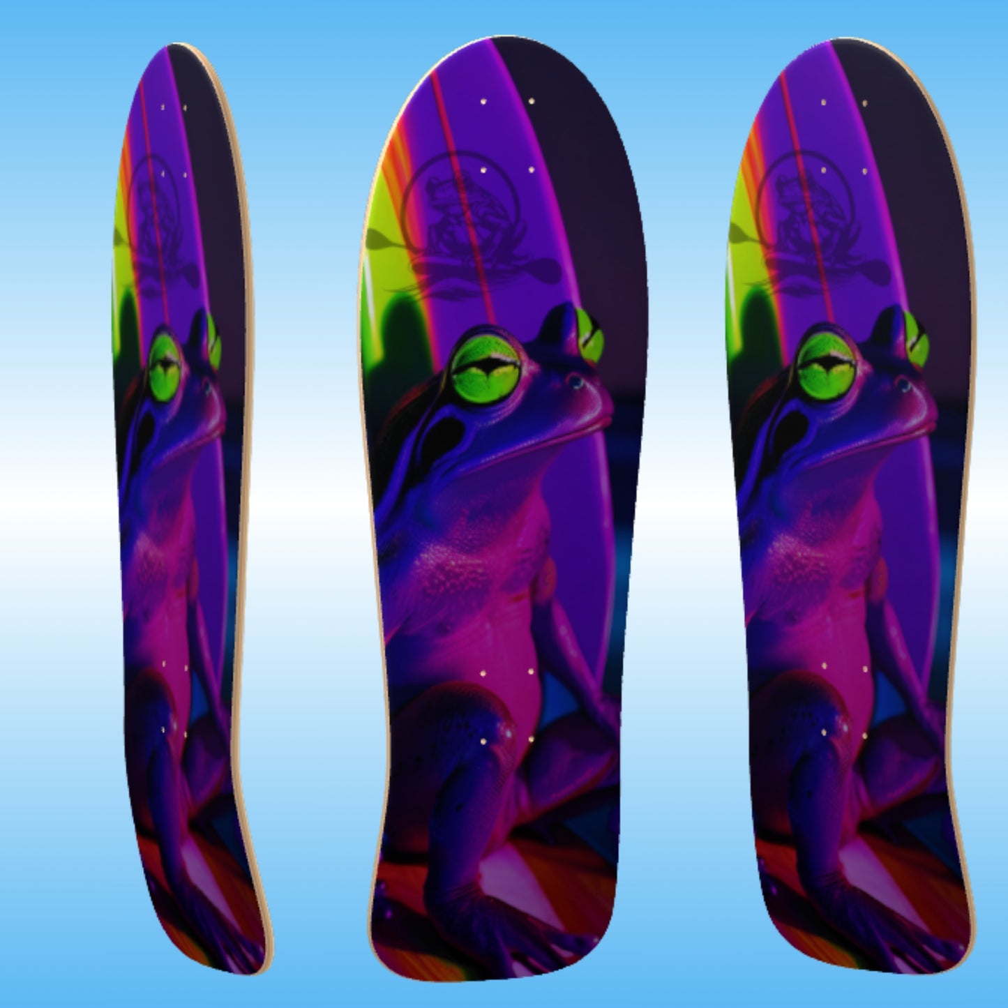 Surf Life | Paddle Frogs | skateboard deck | Three colorful skateboard decks with a frog design on a blue gradient background