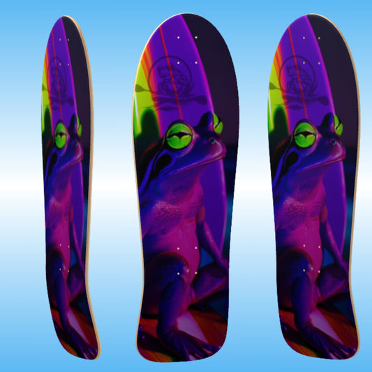 Surf Life | Paddle Frogs | skateboard deck | Three colorful skateboard decks with a frog design on a blue gradient background