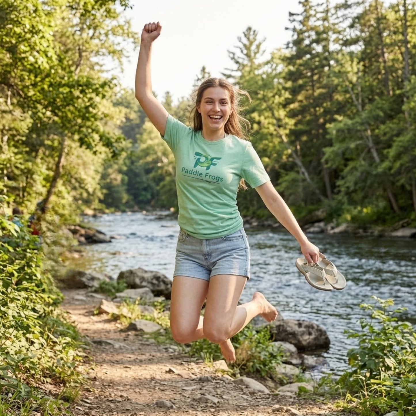 A woman jumps joyfully beside a river in a wooded outdoor setting, wearing a light green T-shirt with a green 'PF Paddle Frogs' logo and denim shorts, while holding a pair of sandals. Made for paddle board lovers
