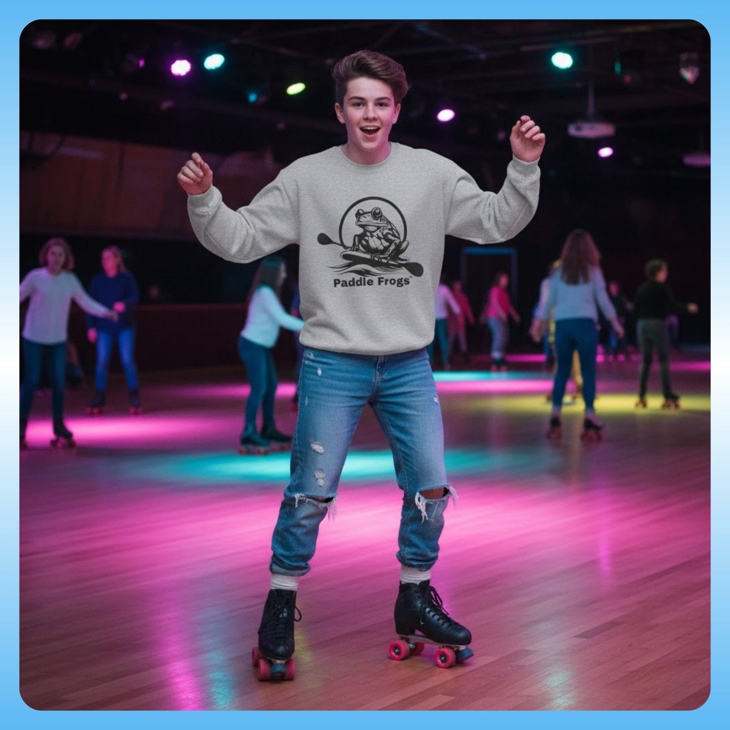 a 15 year old teenager at the roller skating rink skating in a lively indoor rink with colorful lights and other skaters in the background.