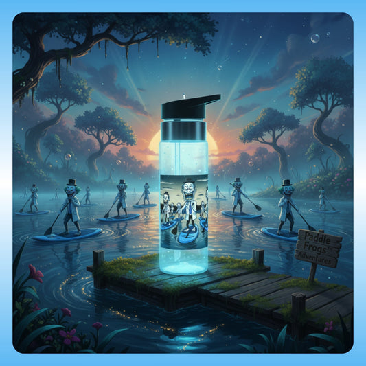 The Clowns | Crystal Clear Water Bottle | Paddle Frogs Outdoor Gear Futuristic water bottle with robot clown design in a fantasy landscape with people on paddleboards.