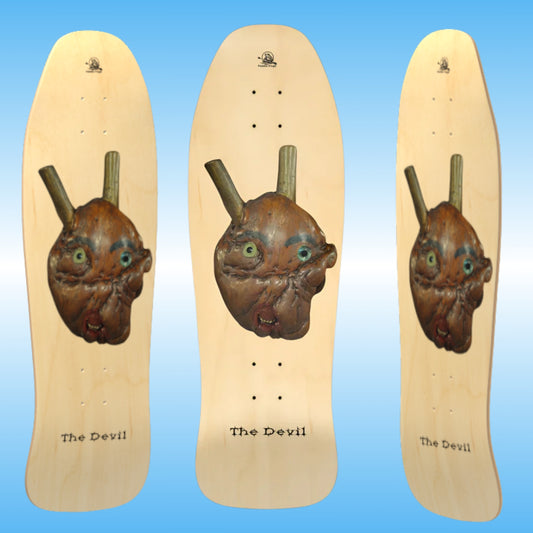 The Devil - Paddle Frogs - skateboard deck - Three skateboard decks with a face design labeled 'The Devil' on a blue background