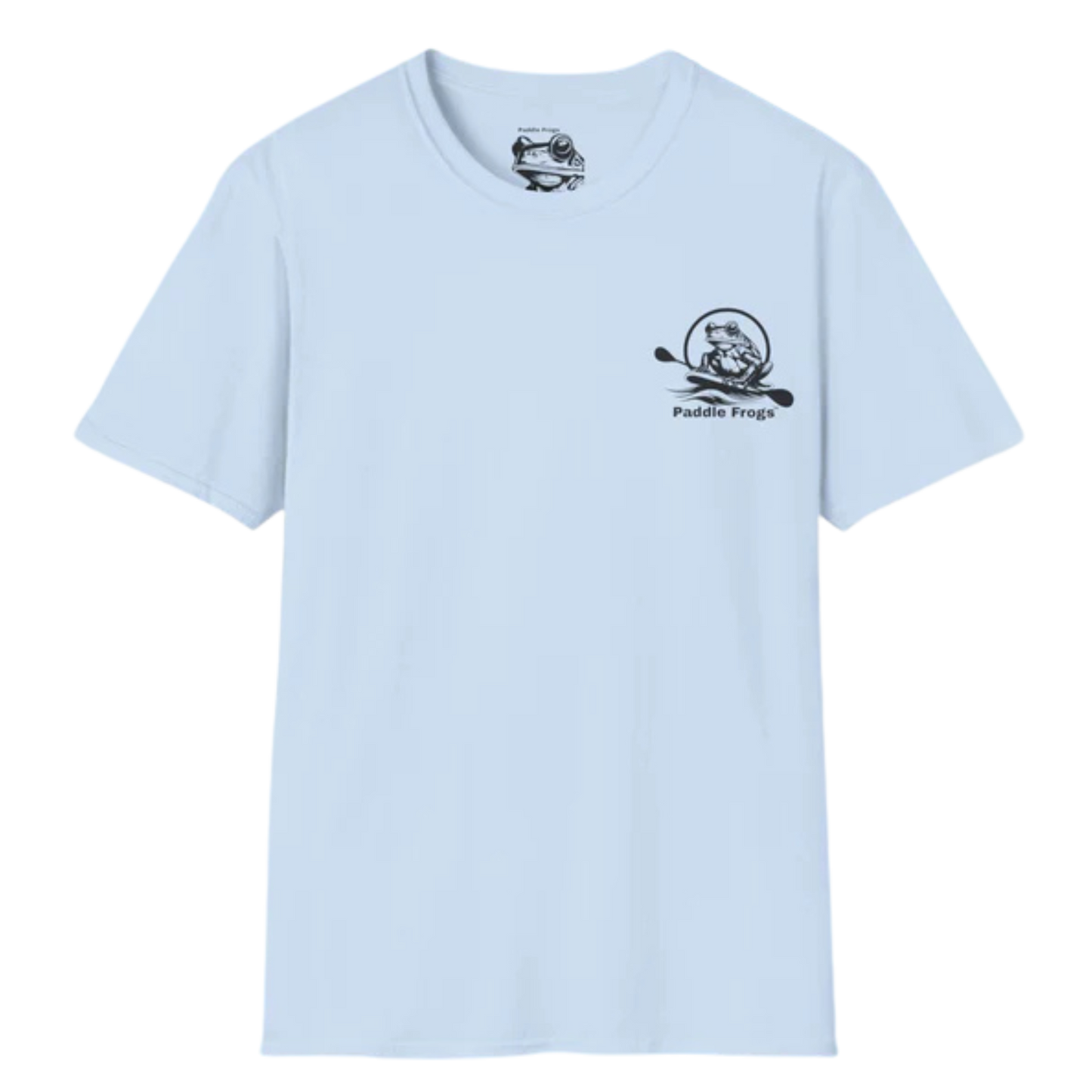 Light blue t-shirt with Paddle Frogs black logo on a white background