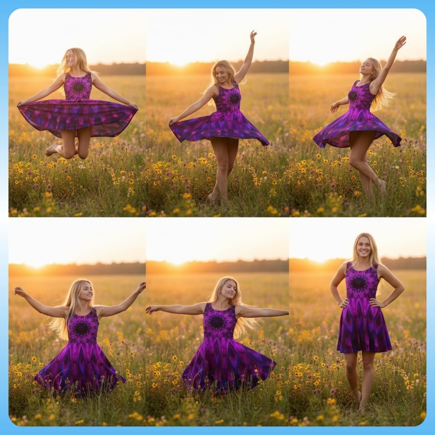 The Violet Bloom Boarder Dress dancing in wildflowers