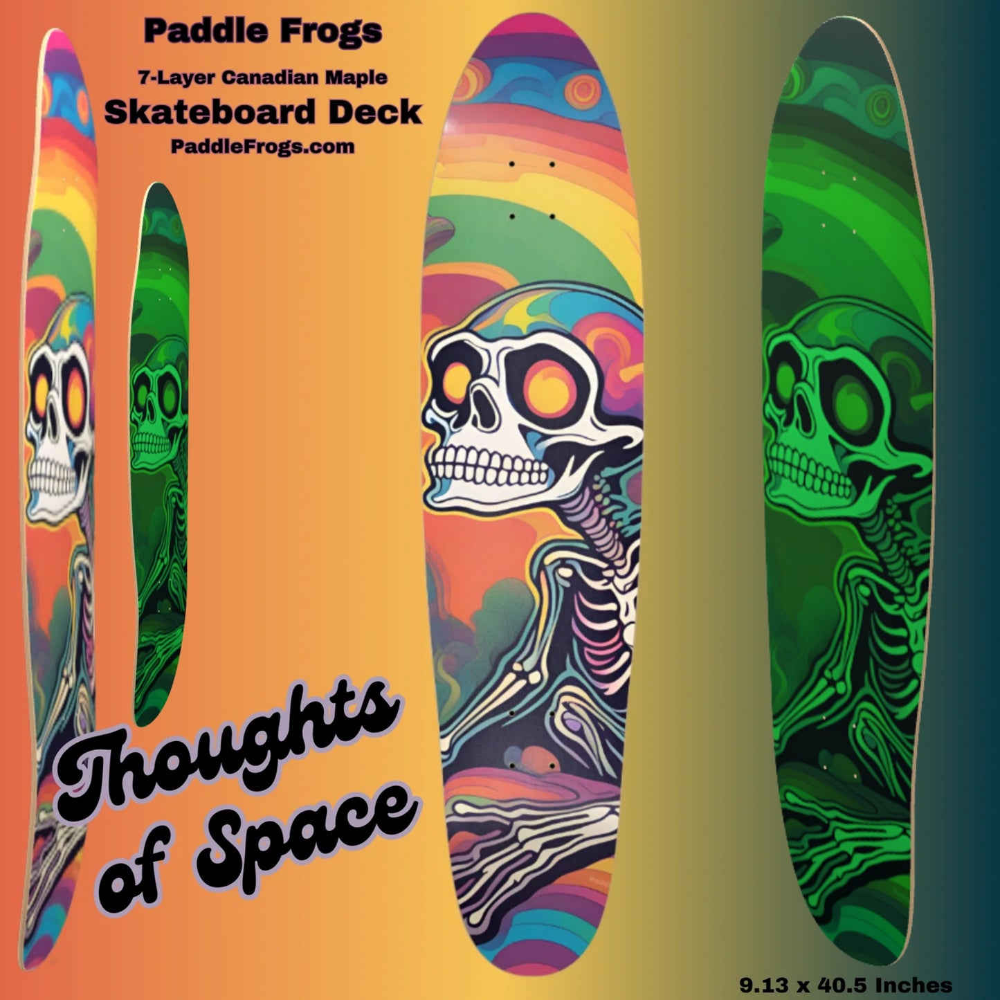 Thoughts of Space - Paddle Frogs - Longboard skateboard deck - Glow in the dark