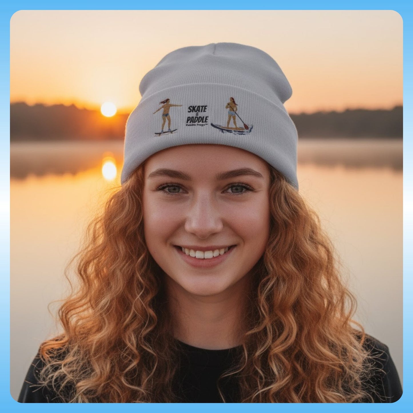 Tides & Trails Beanie: Life in Balance, Skate & Paddle Gray Person wearing a cap with 'Skate Paddle' design against a sunset lake background