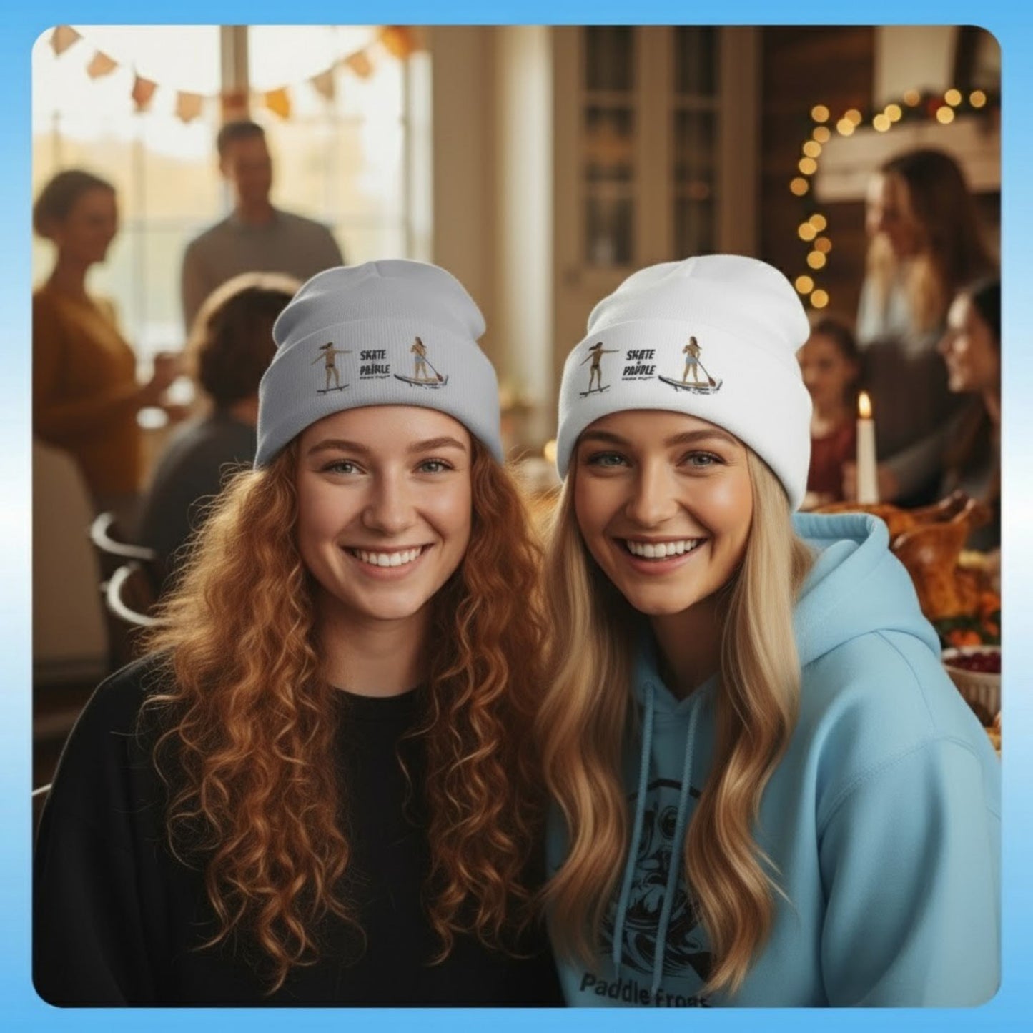 Tides & Trails Beanie: Life in Balance, Skate & Paddle White at Thanksgiving dinner