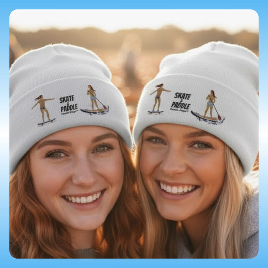 Tides & Trails Beanie: Life in Balance, Skate & Paddle Gray and White hats, selfie