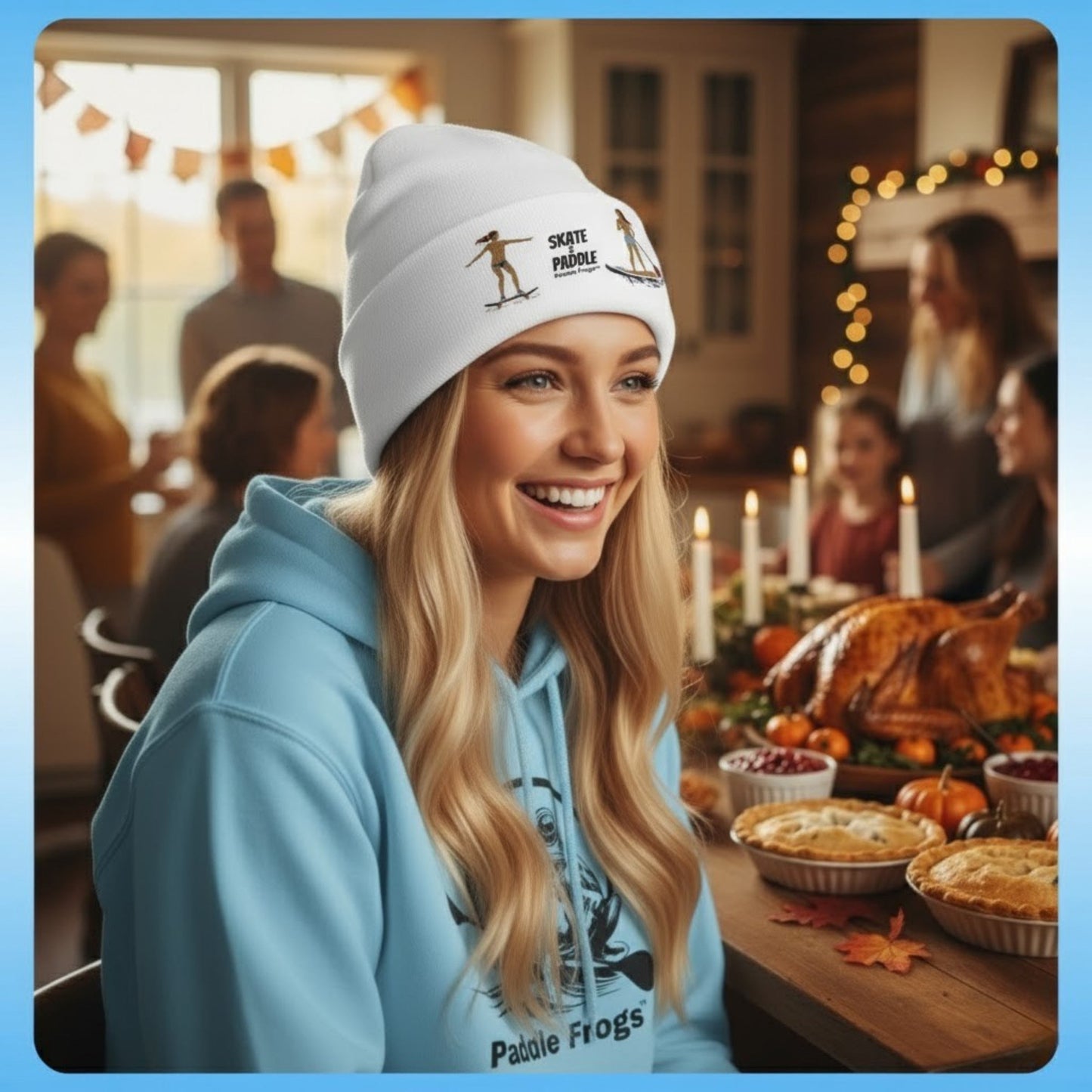Tides & Trails Beanie: Life in Balance, Skate & Paddle White at Thanksgiving dinner