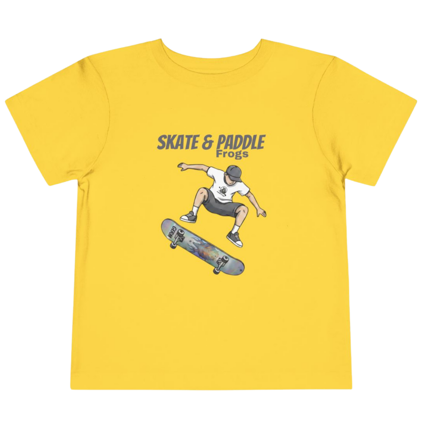 Toddler Skateboard Tee ā Germ "Skate & Paddle Frogs⢠Yellow on a transparent background