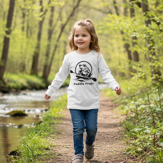 Toddler's in Balance | Long Sleeve Tee | Paddle Frogs™ 5 year old wearing white walking the creeks path