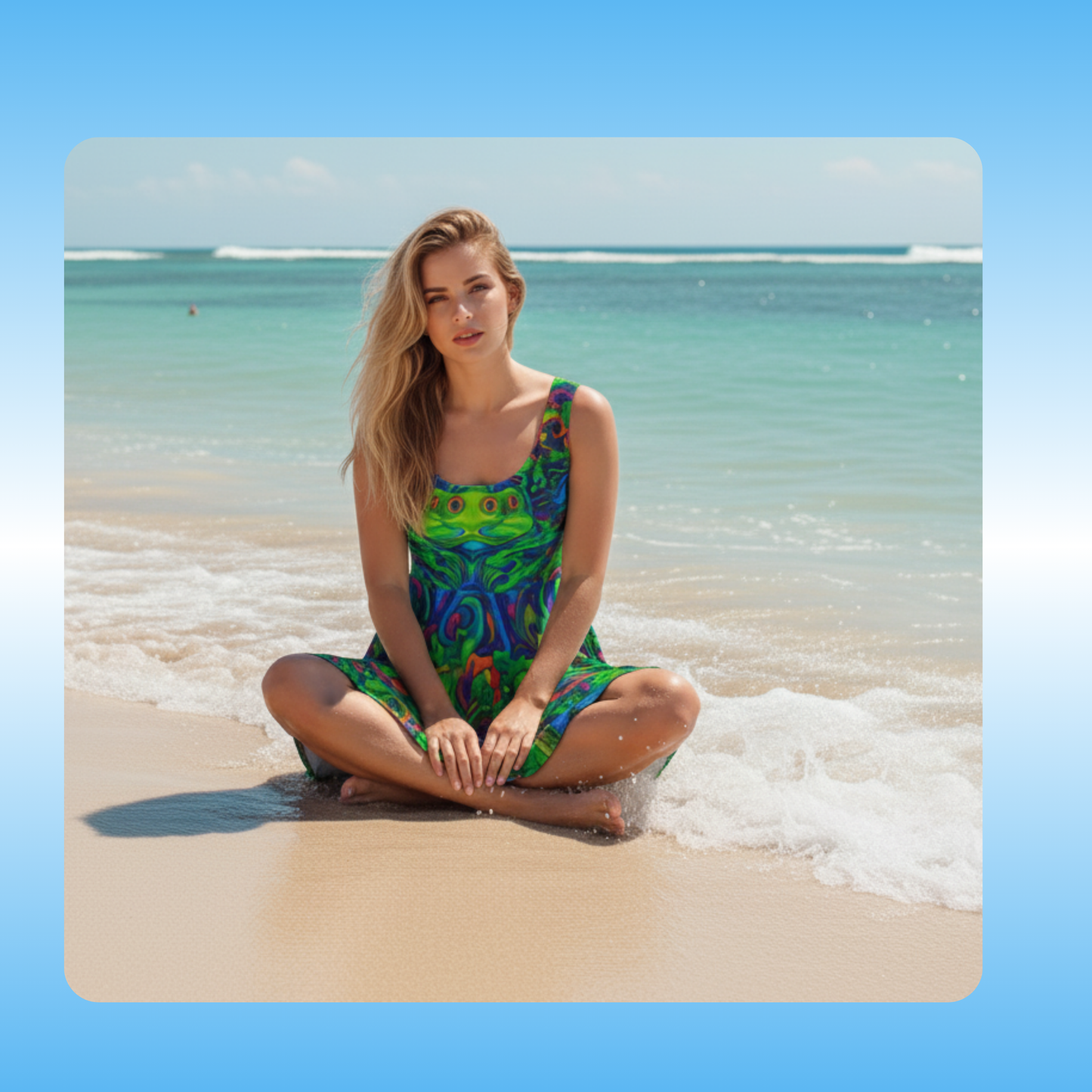 Trippin on Frogs summer dress Paddle Frogs Outdoor Gear Woman in a colorful swimsuit cover up dress sitting on a beach with clear blue water and sky.
