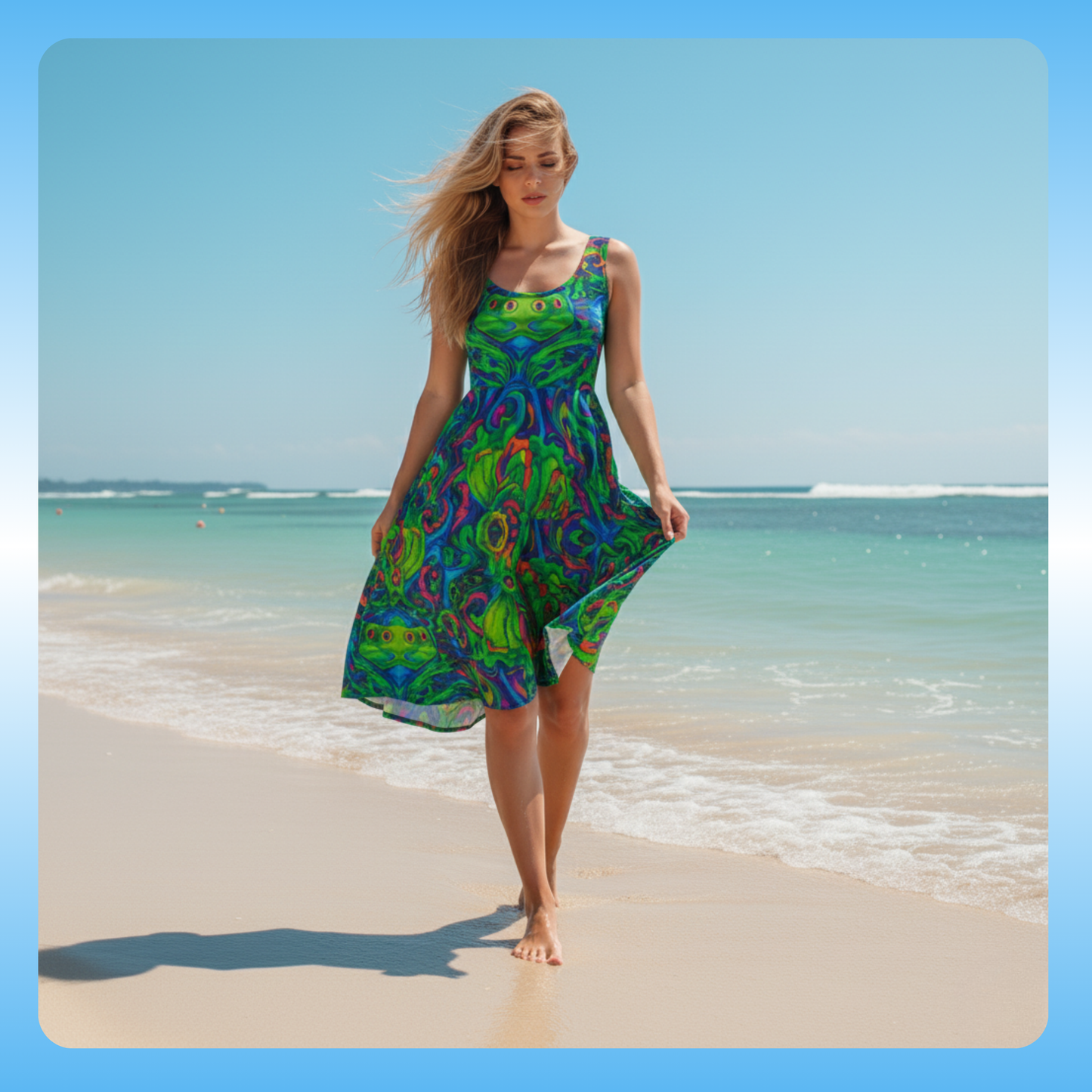 Trippin on Frogs summer dress Paddle Frogs Outdoor Gear Woman in a colorful dress standing on a beach with clear blue sky and ocean.
