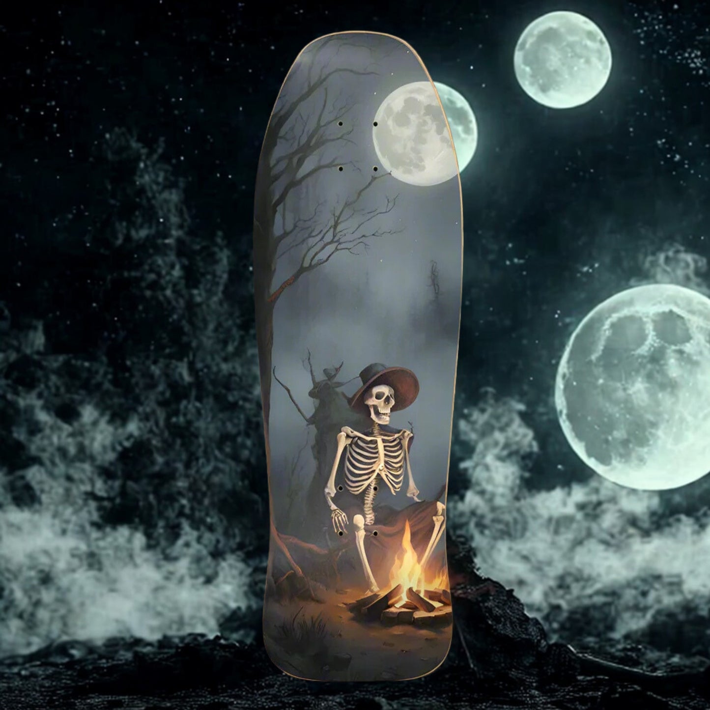 Warm You Bones odd 3 moon effect from the poison - Skateboard deck with a skeleton by a campfire against a moonlit night sky