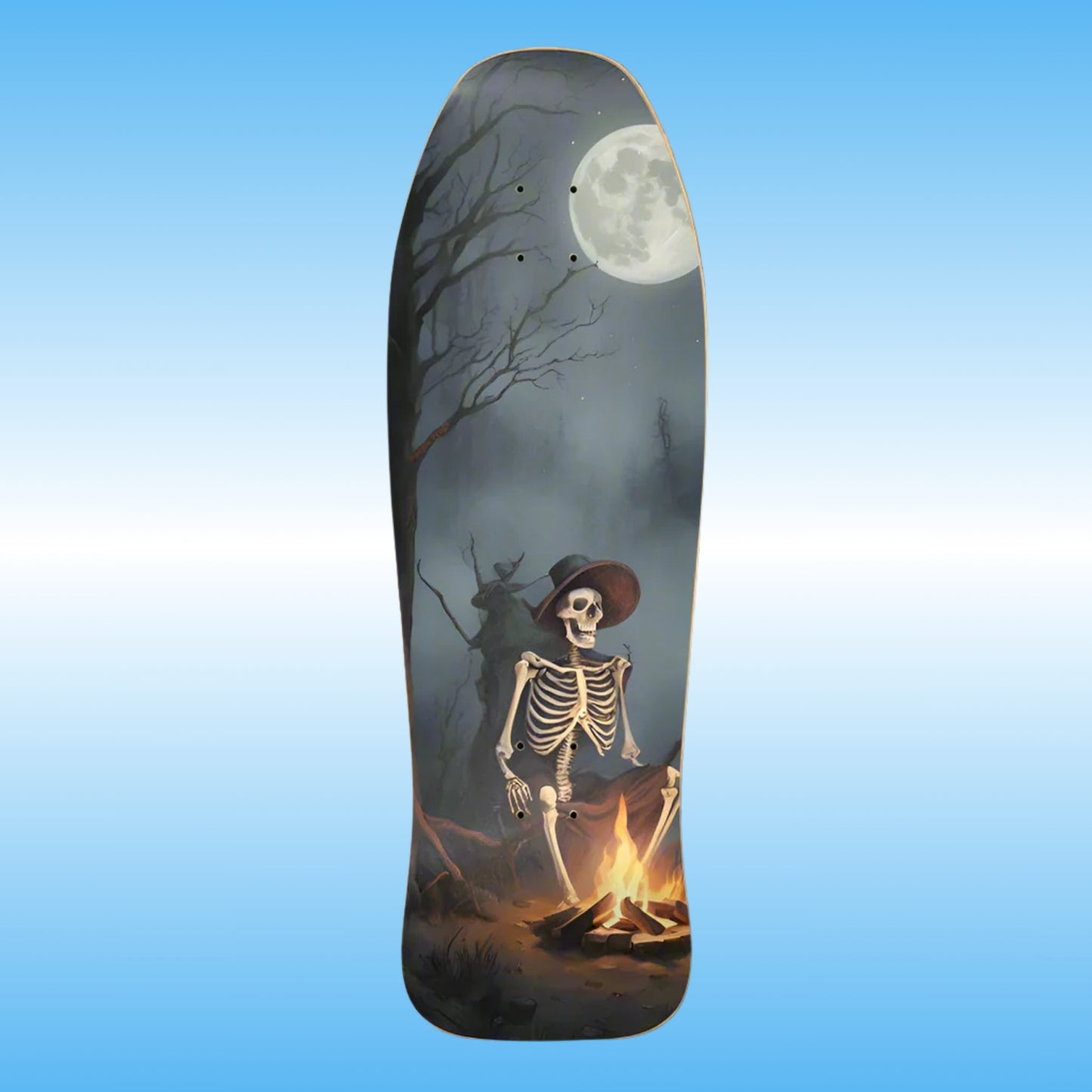 Warm Your Bones - Paddle Frogs - Skateboard deck with a skeleton by a campfire and moonlit sky design on a blue gradient background.