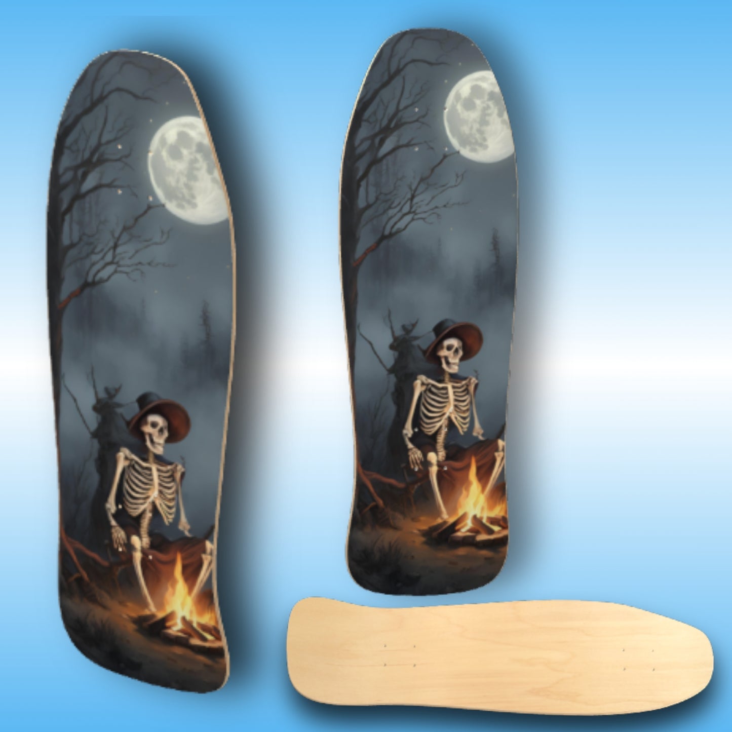 Skateboard deck with skeleton design on a blue gradient background