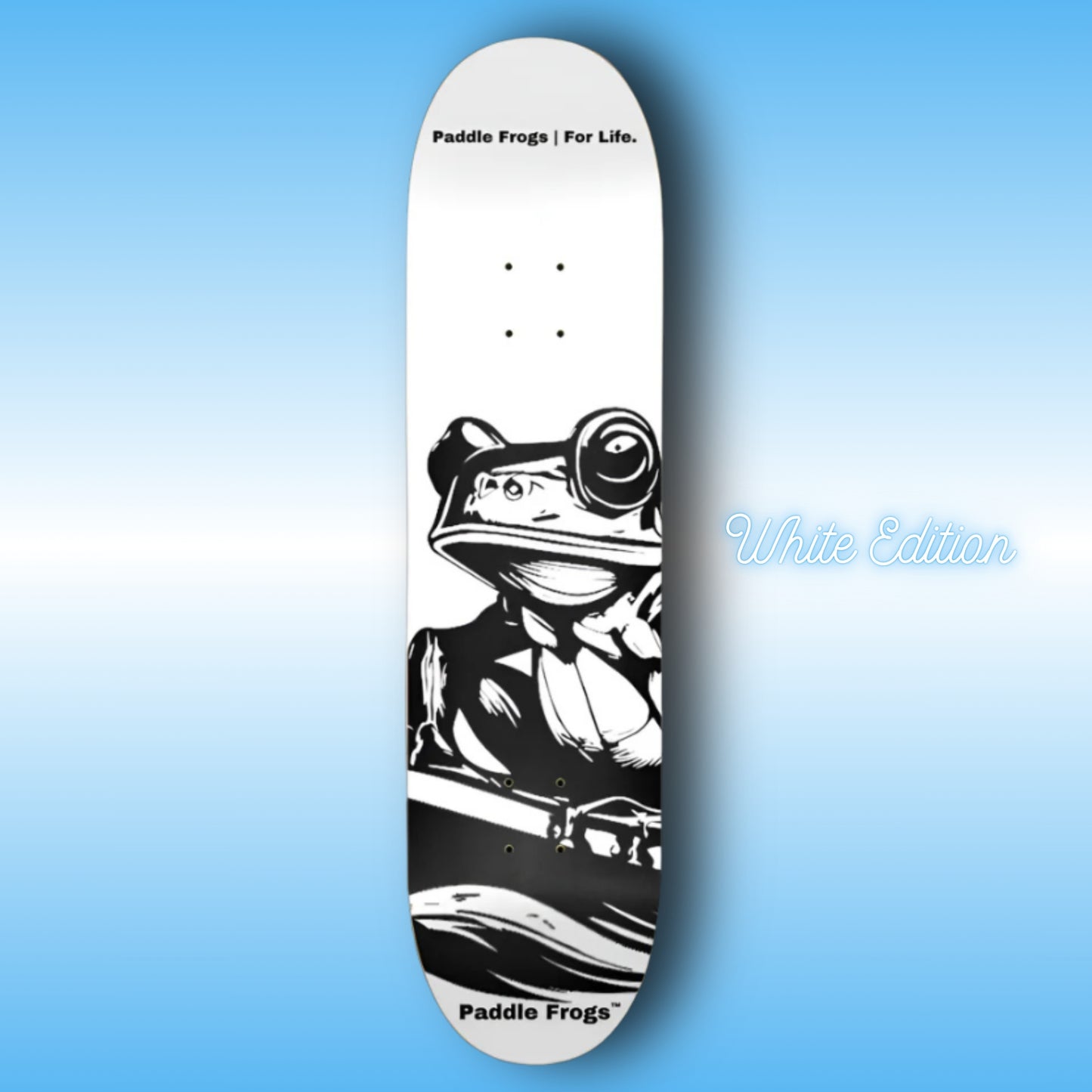 White Edition | Skateboard deck with a frog graphic and 'Paddle Frogs' branding on a blue gradient background.