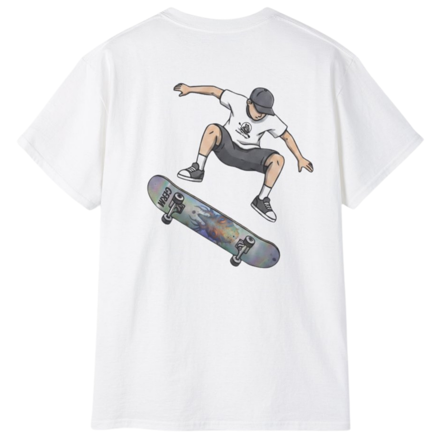 White Germ Skateboarder Kickflip Graphic Tee by Paddle Frogs™ on a transparent background