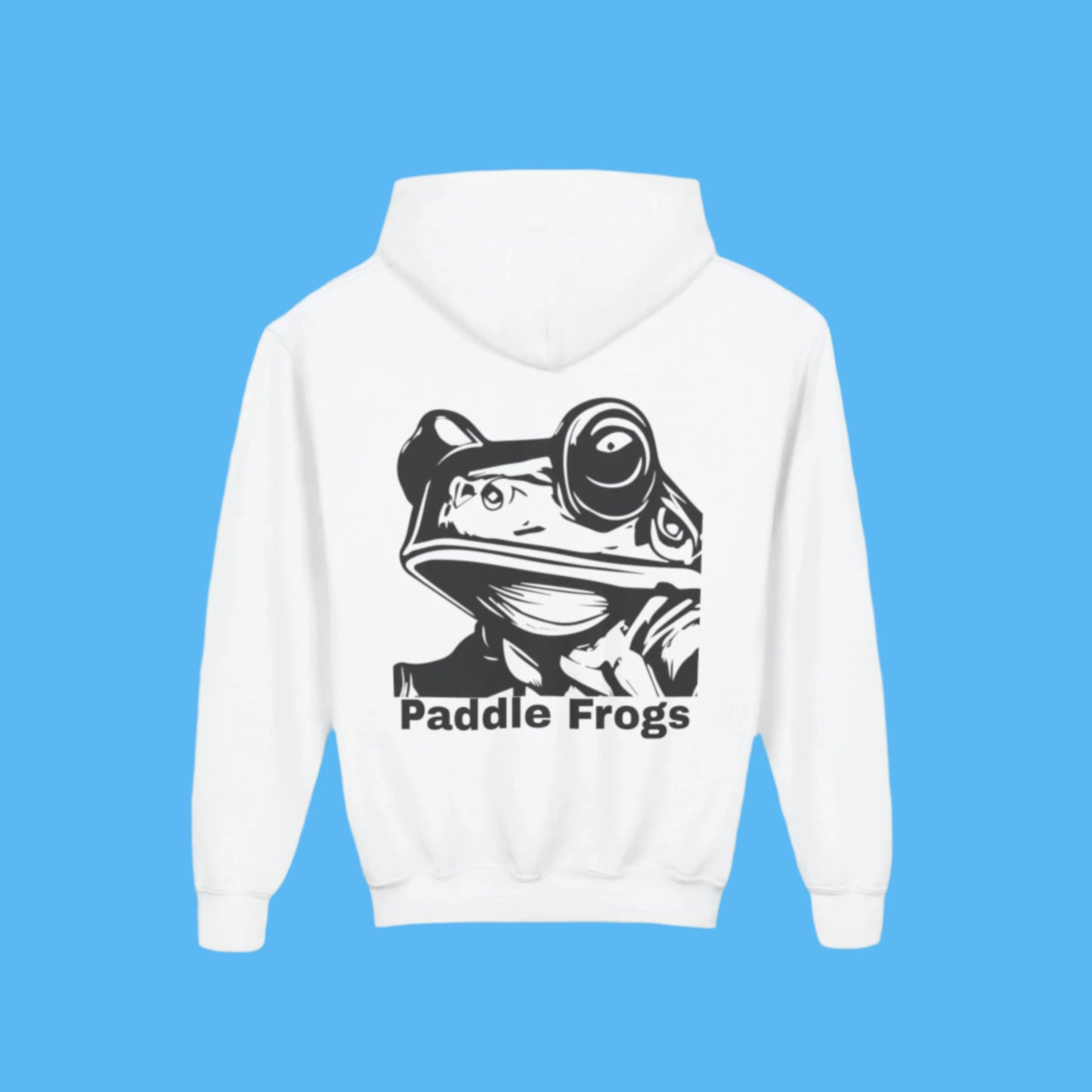 White Youth Hoodie with a graphic of a Paddle Frogs frog face on front and back