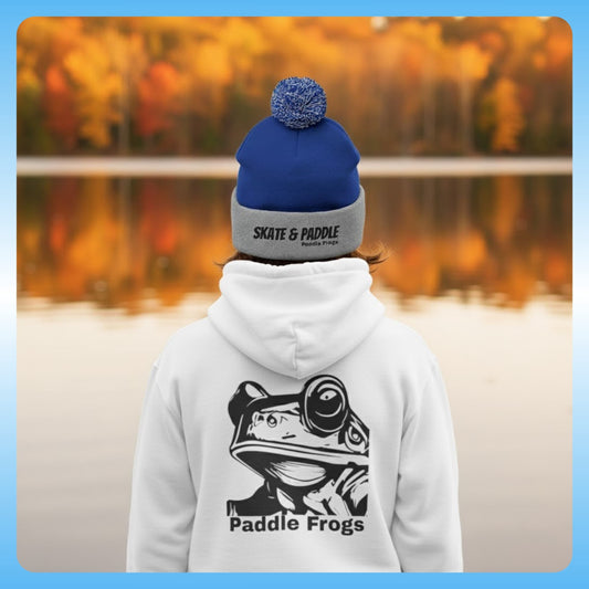 White backside of the Adventure Hoodie by Paddle Frogs™ Kids Skate & Paddle beanie hat