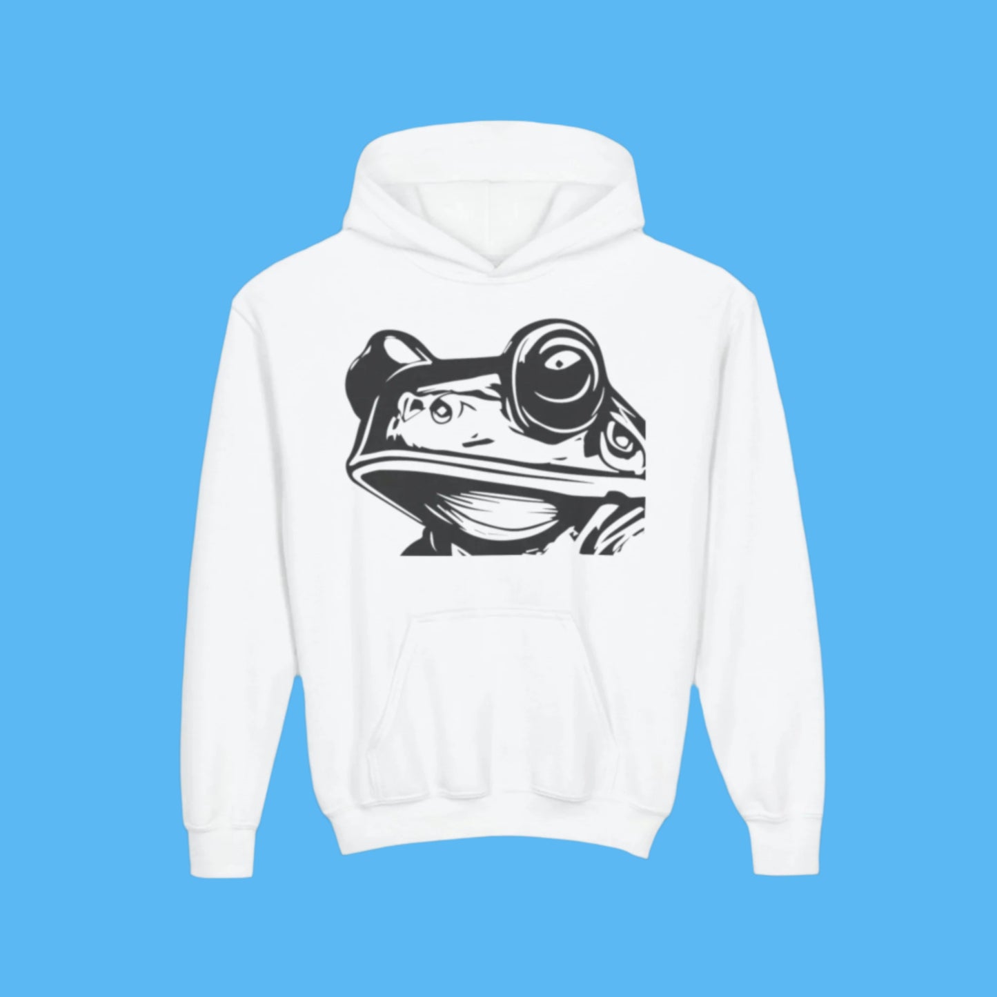 White kids hoodie with a black Paddle Frogs frog face graphic on a white hooded background with kangaroo pockets