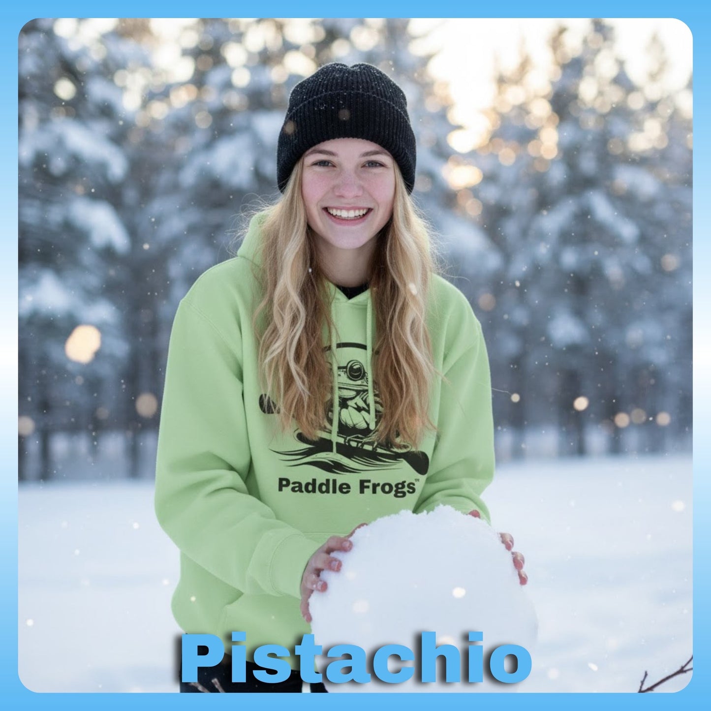 Woman wearing Pistachio Green | Paddle Frogs™ Soft Fleece Hoodie: Soft Fleece, Wild Soul (12 Colors)