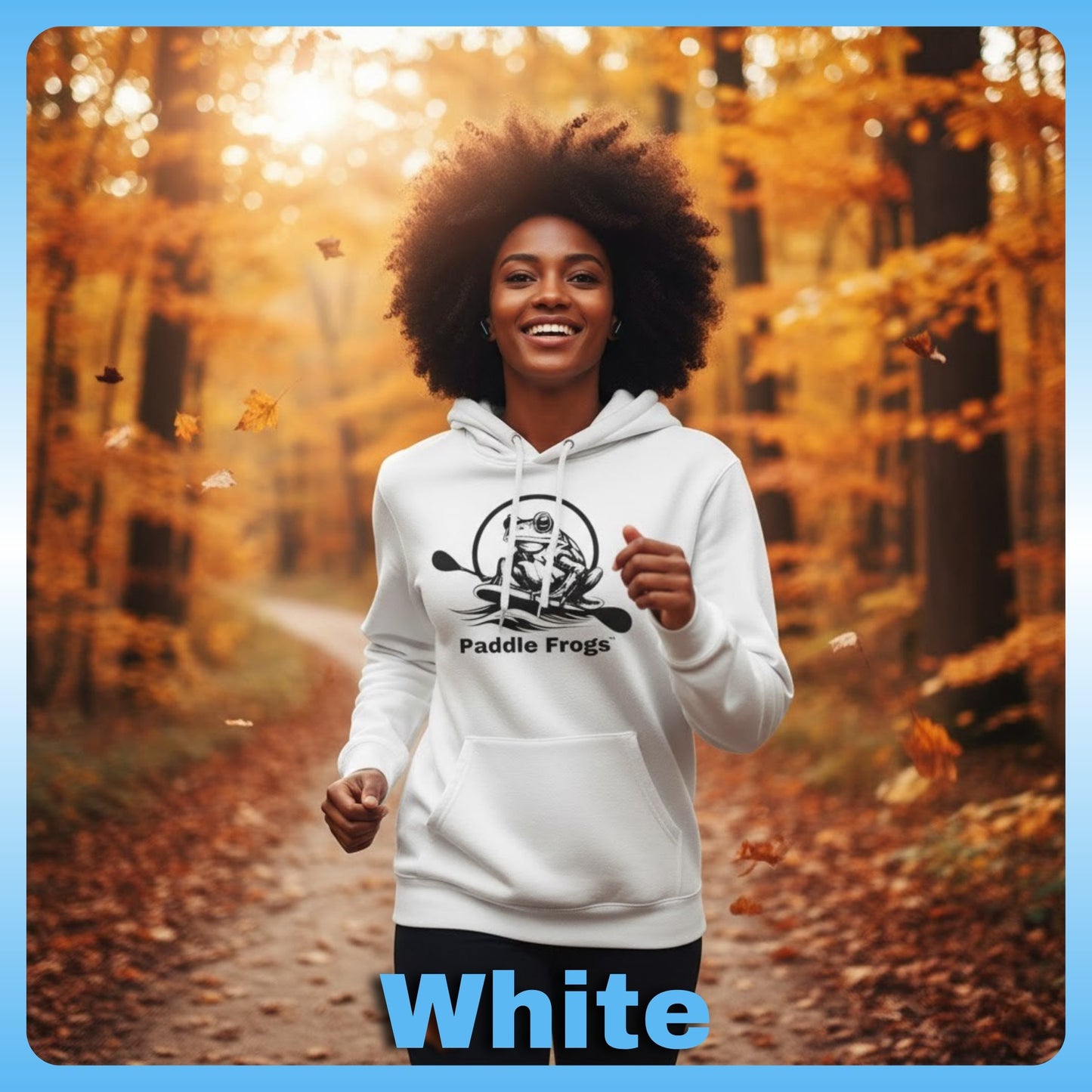 Young lady jogging wearing White | Paddle Frogs™ Soft Fleece Hoodie: Soft Fleece, Wild Soul (12 Colors)