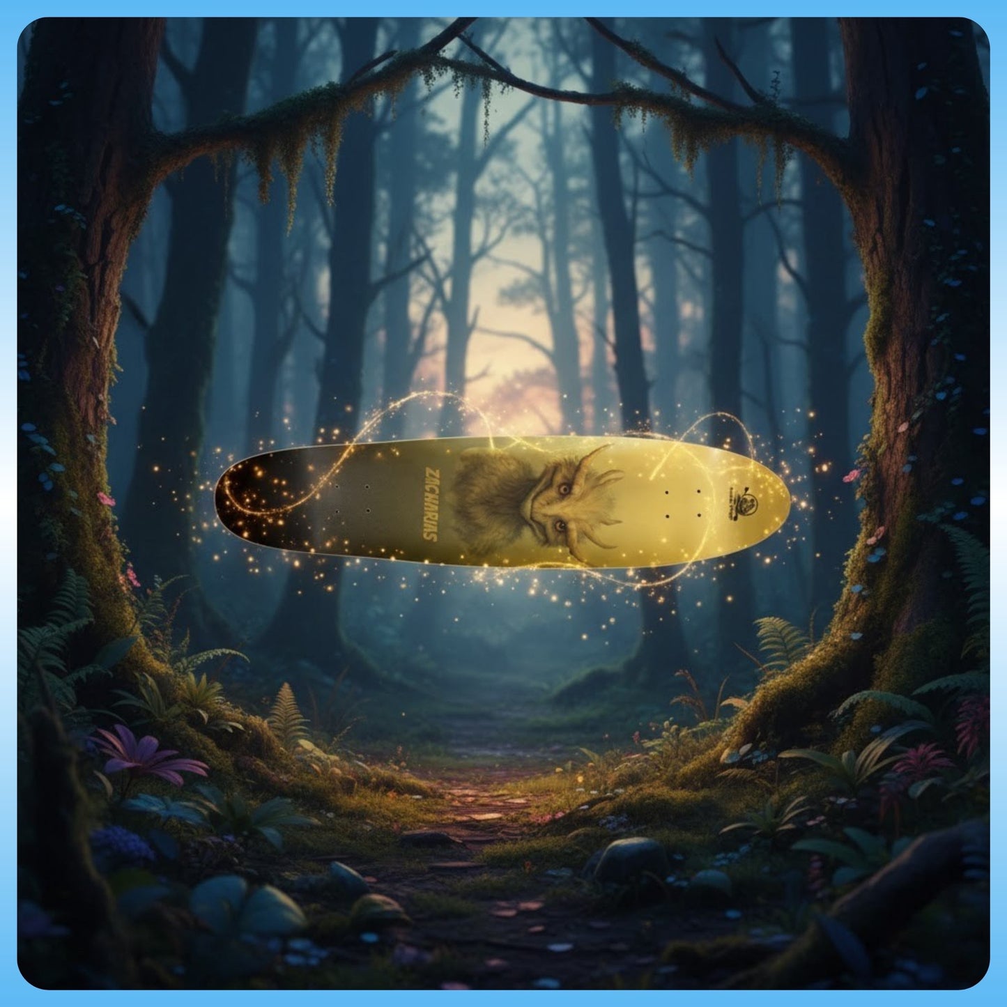 Zacharias | 40.5" Gold Longboard skateboard | Paddle Frogs™ in a mystical forest