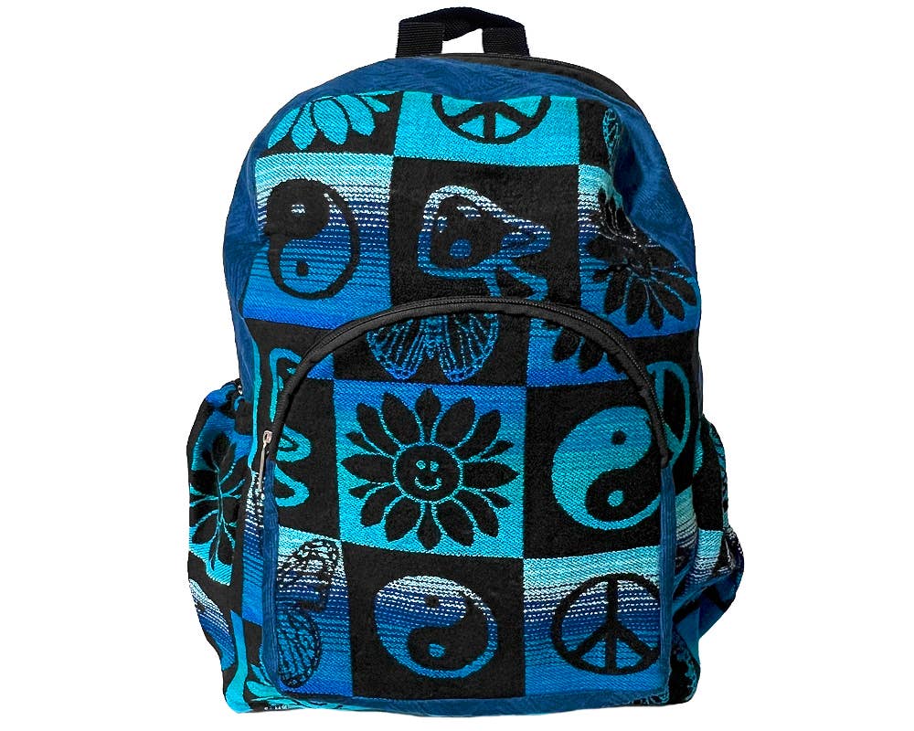 Backpack with blue and black symbol pattern on a white background