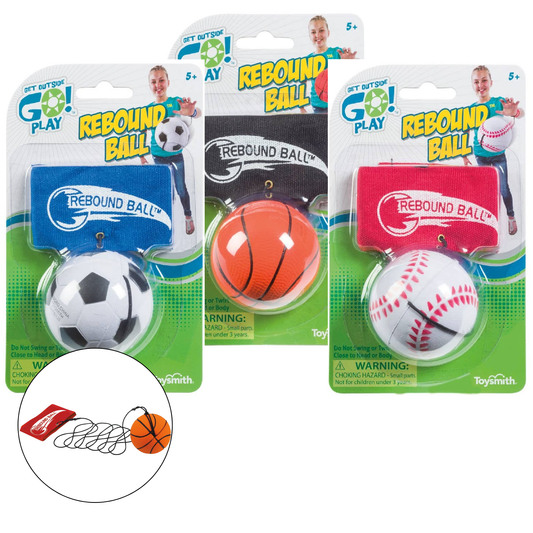 Three packages of Rebound Balls with different sports ball designs on a white background.