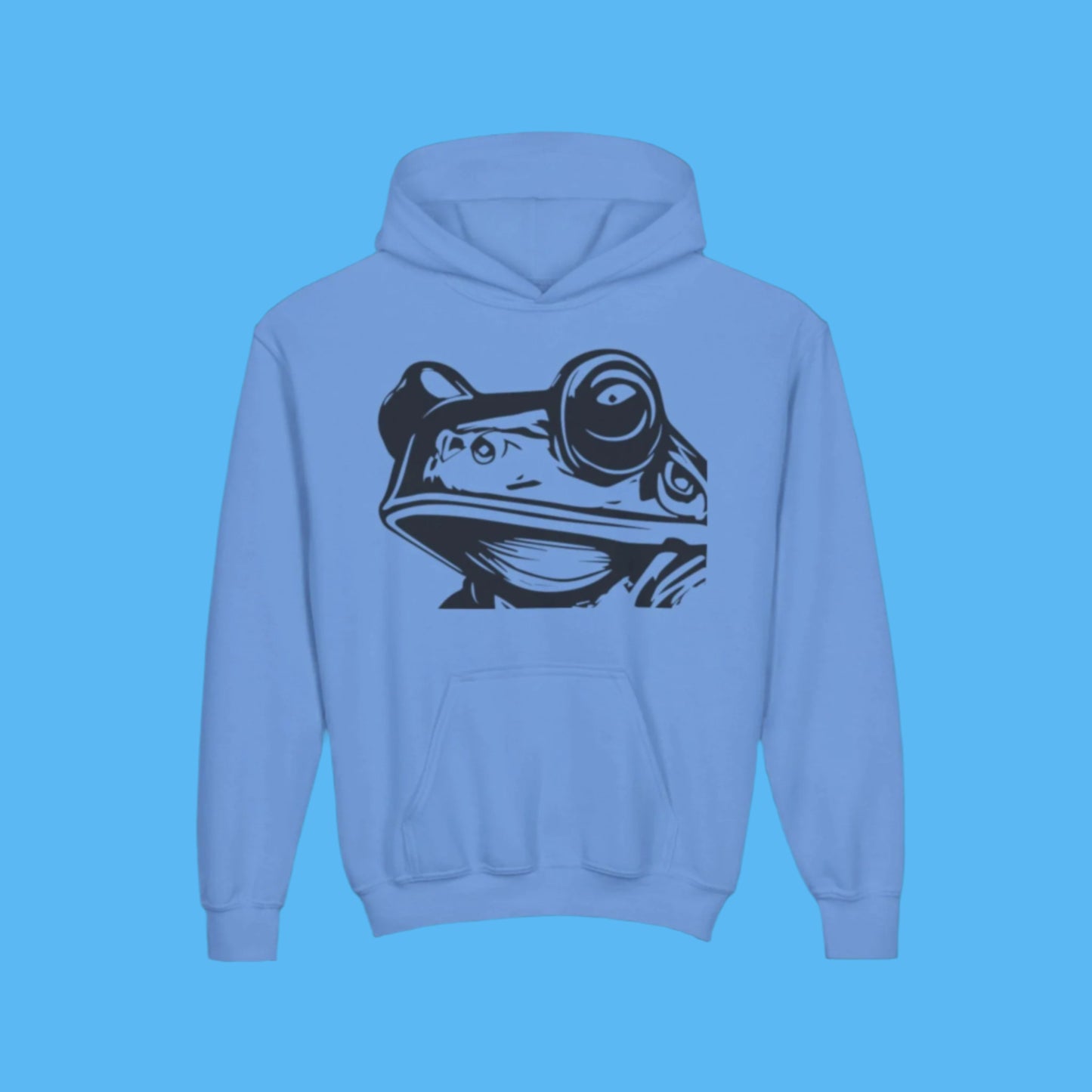blue hoodie with a black Paddle Frogs frog graphic on the back and front with kangaroo pockets