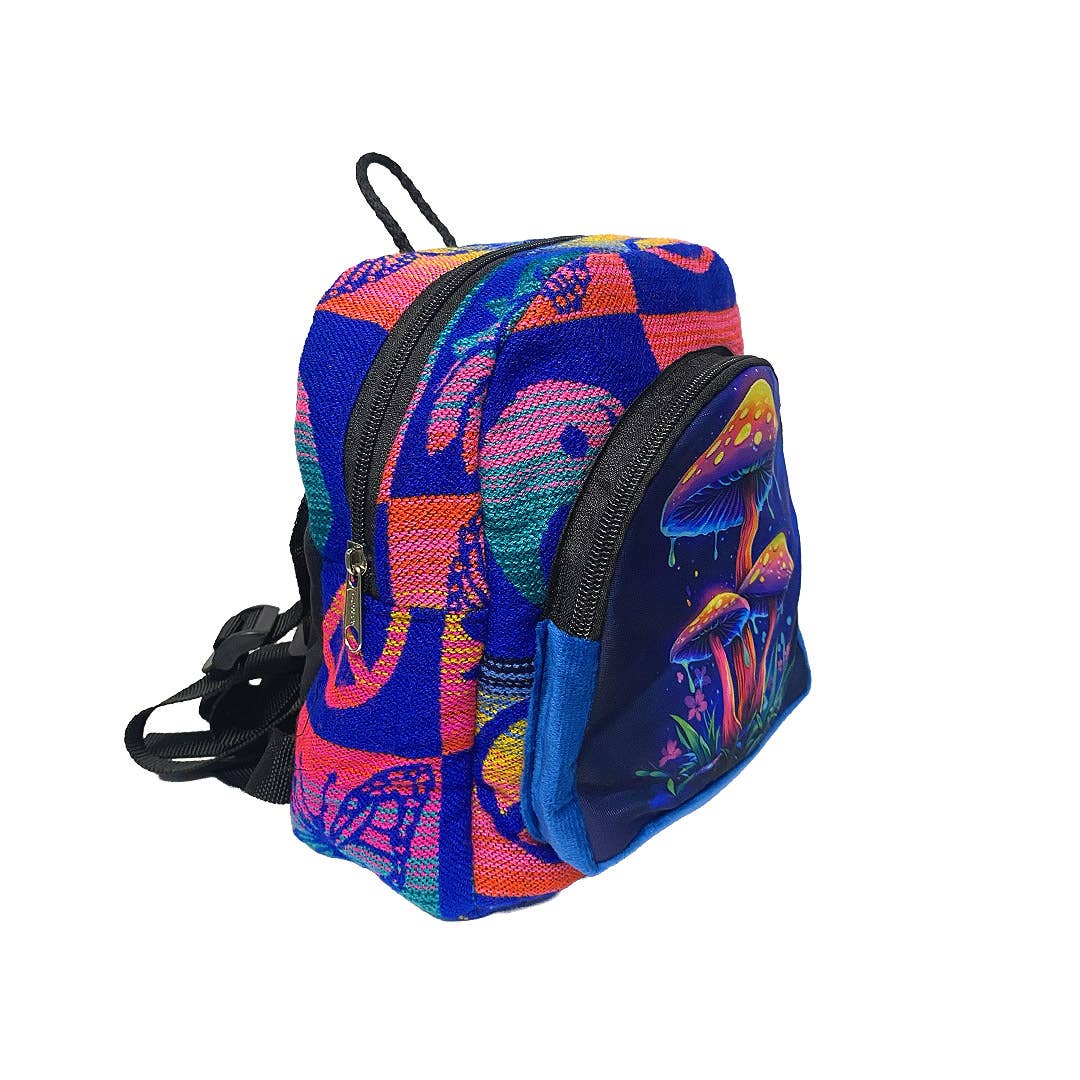 Colorful backpack with a mushroom pattern on a white background