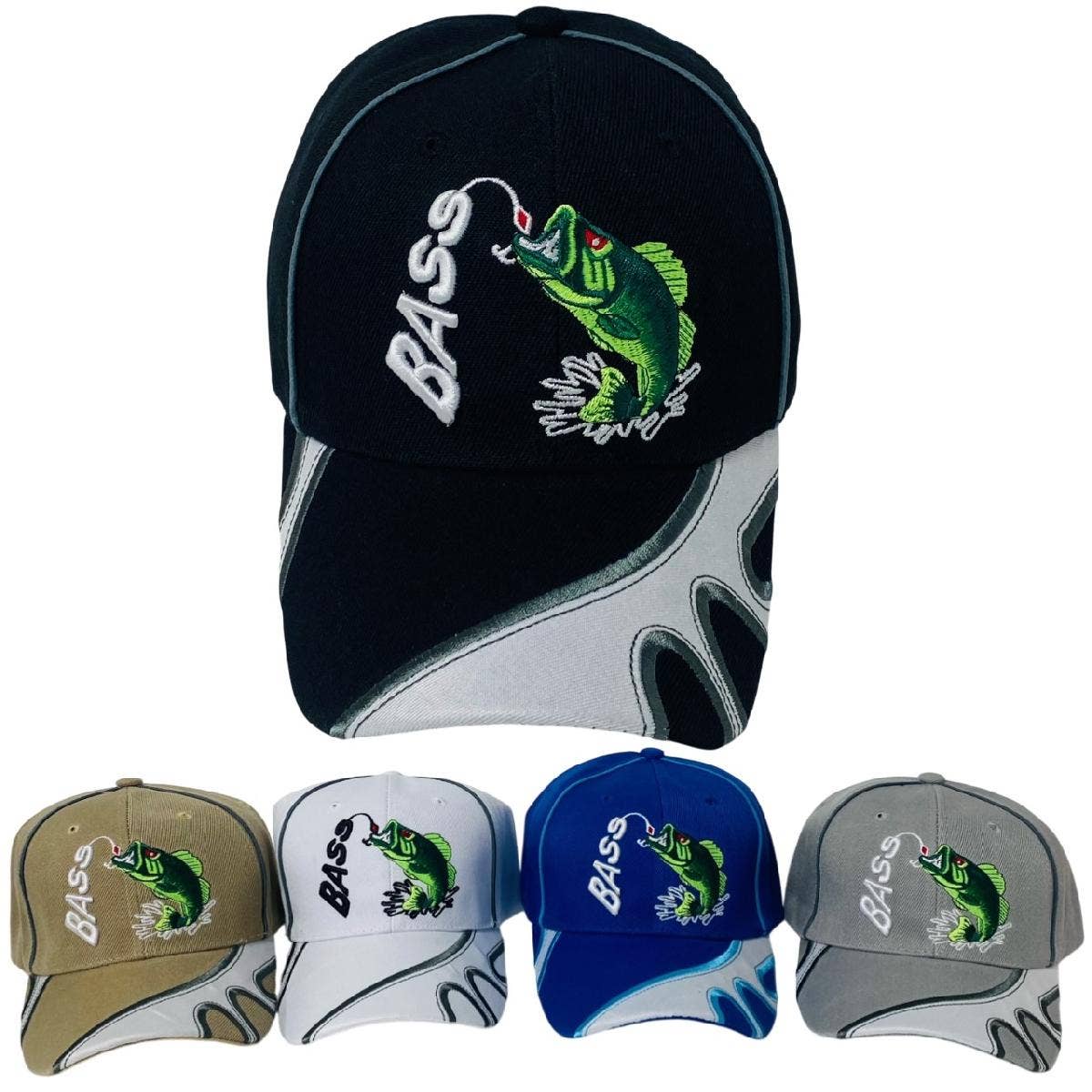A black baseball cap with a green bass fishing graphic and the word 'BASS' embroidered on the front, shown above four smaller color variants in beige, white, blue, and gray.