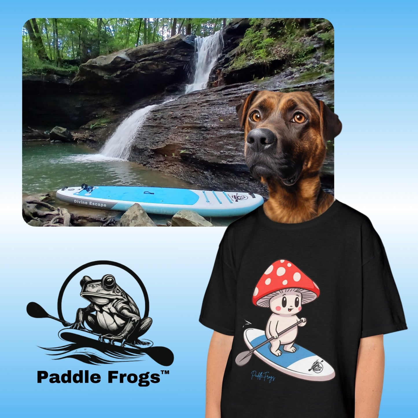 cute mushroom creature youth Tee Shirt worn by a dog with the Divine Escape paddle board at a waterfall | Person wearing a black t-shirt with a cartoon mushroom character and paddle, with a scenic waterfall background.