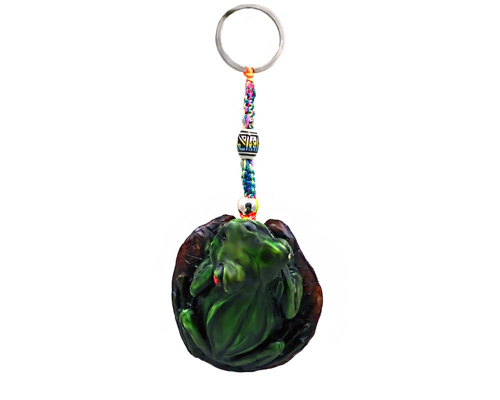 Green tree frog keychain with colorful cord on a white background