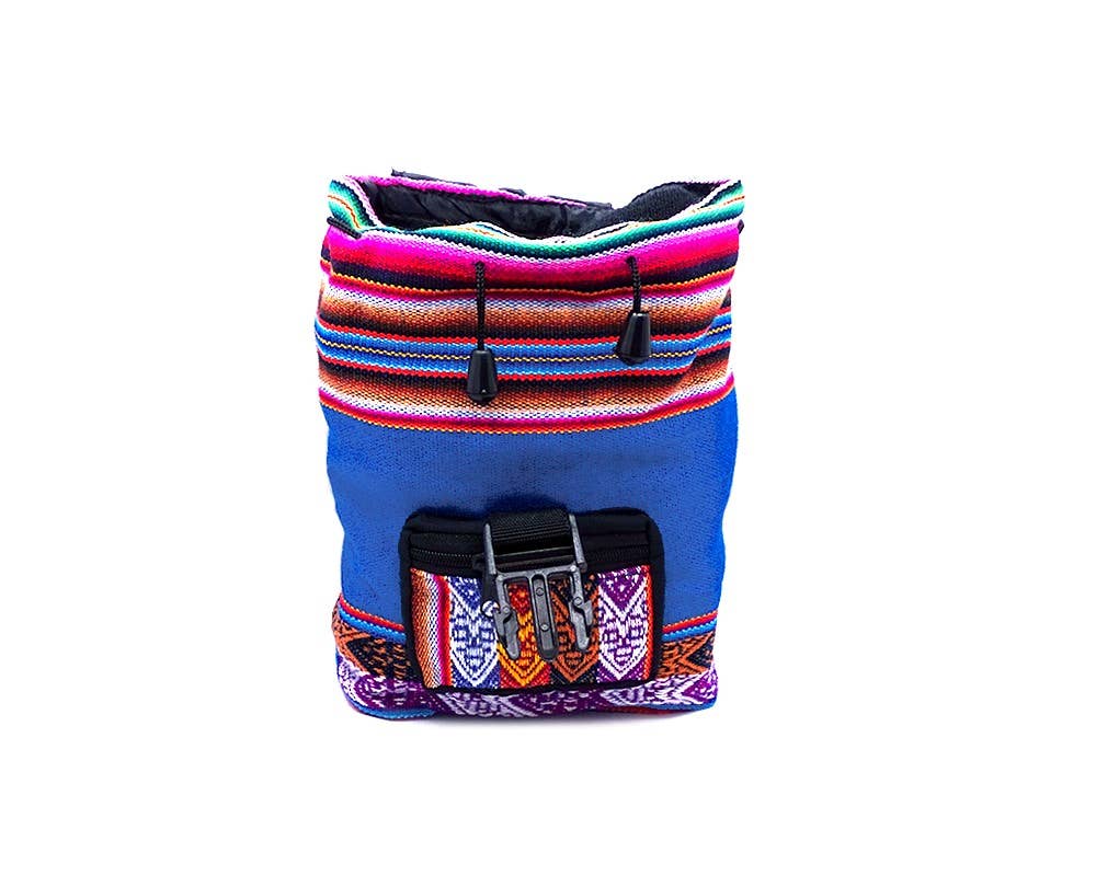 Colorful woven bag with a blue base on a white background