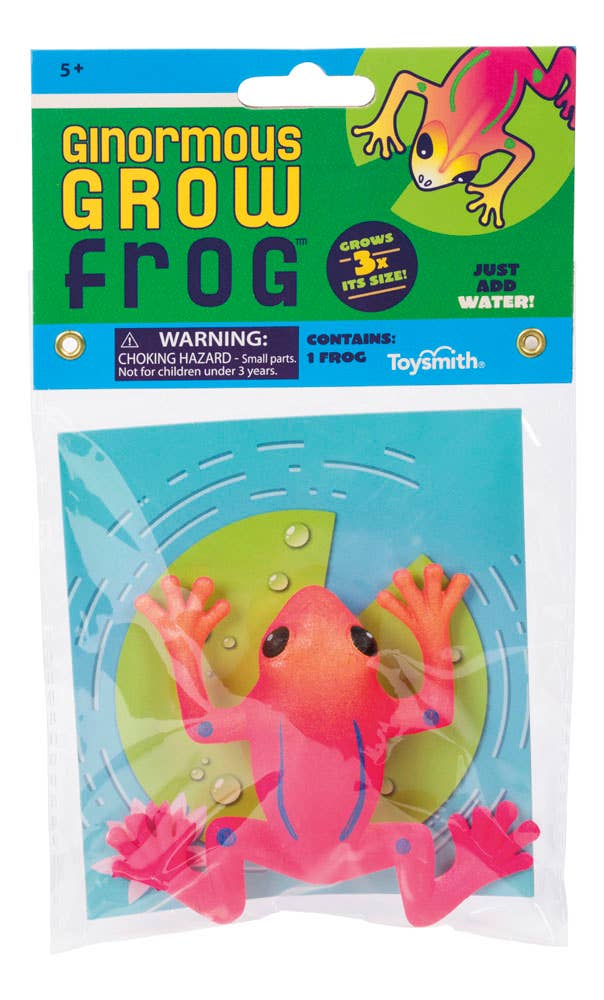 Ginormous Grow Frog packaging with a pink frog on a green leaf, surrounded by water droplets.