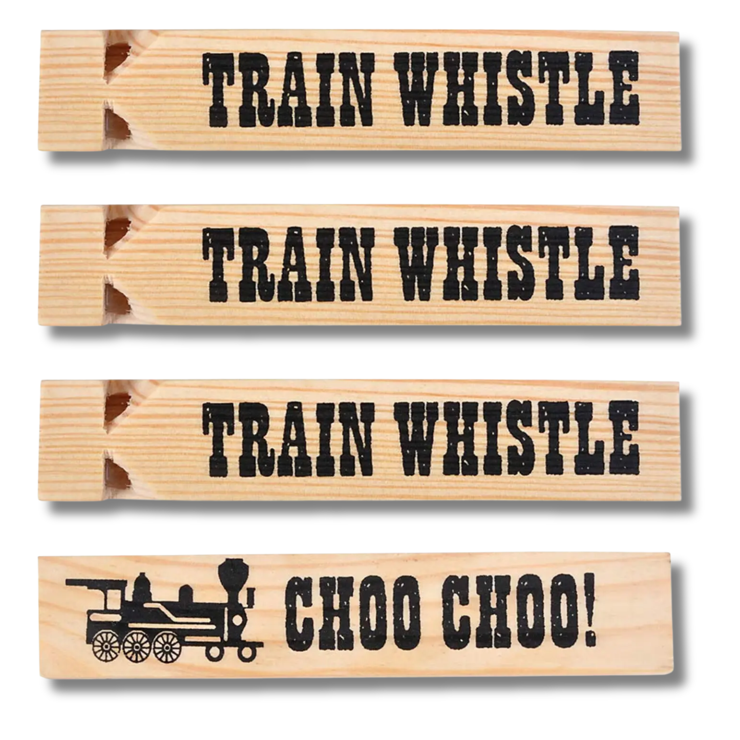 Wooden train whistle with 'TRAIN WHISTLE' and 'CHOO CHOO!' text on a white background