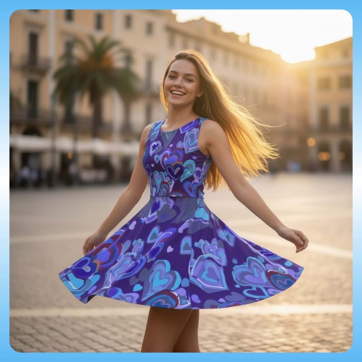 Woman in a blue and purple patterned dress twirling in an outdoor setting with buildings and palm trees in the background. happy Lady models the Dancing Heart Longboard Dress - Paddle Frogs Outdoor Gear Skate & Paddle
